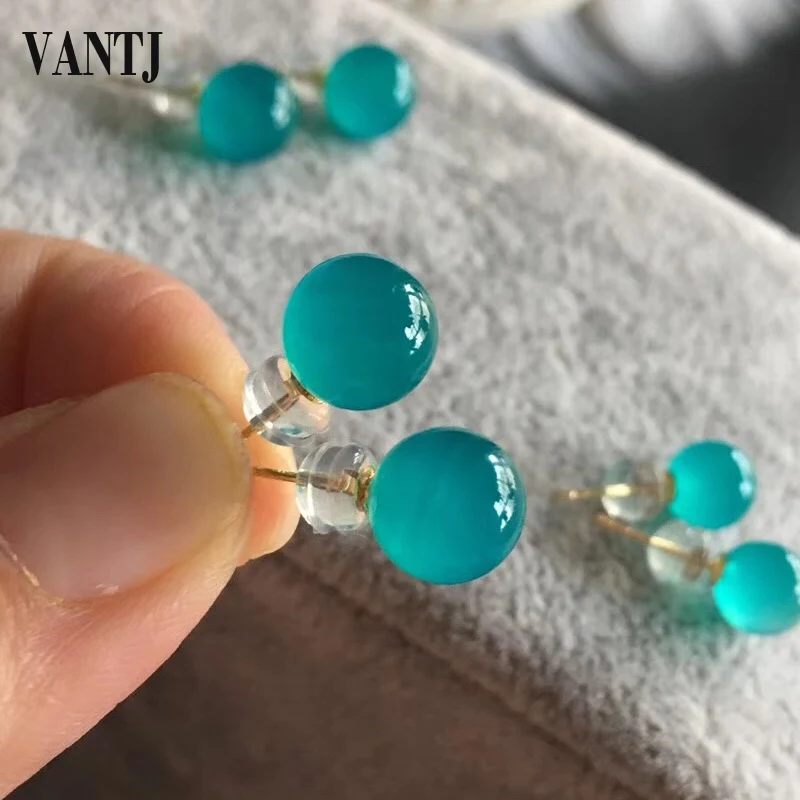 VANTJ Natural Amazonite Stud Earring Sterling 18k Gold Real 750 Simple Elegant Fine Jewelry For Women Lady Gift Box