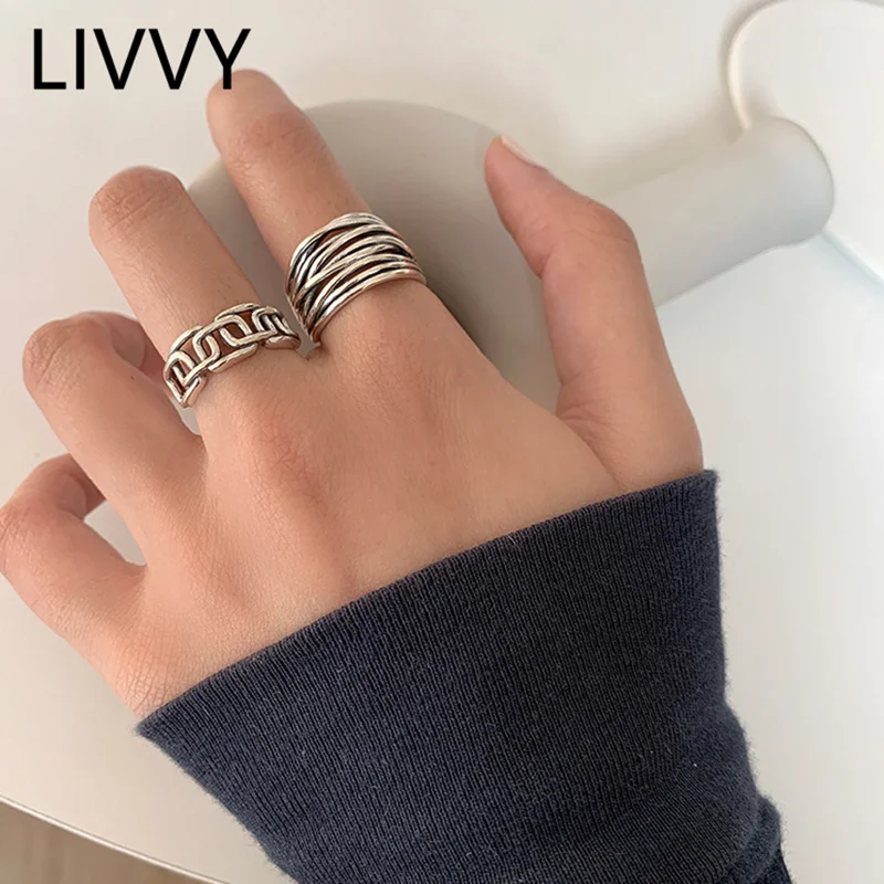 LIVVY Silver Color Multilayer Winding Line Rings Cross Geometric  for Women  Thai Silver Rings Retro Jewelry Gifts