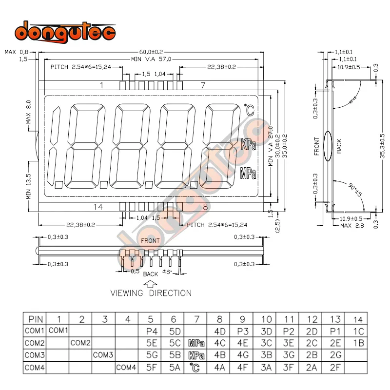 14PIN Reflection 4-1/2หลัก LCD แผง3V สีเหลืองสีเขียว/สีฟ้า/สีขาว/ไม่มี Backlight