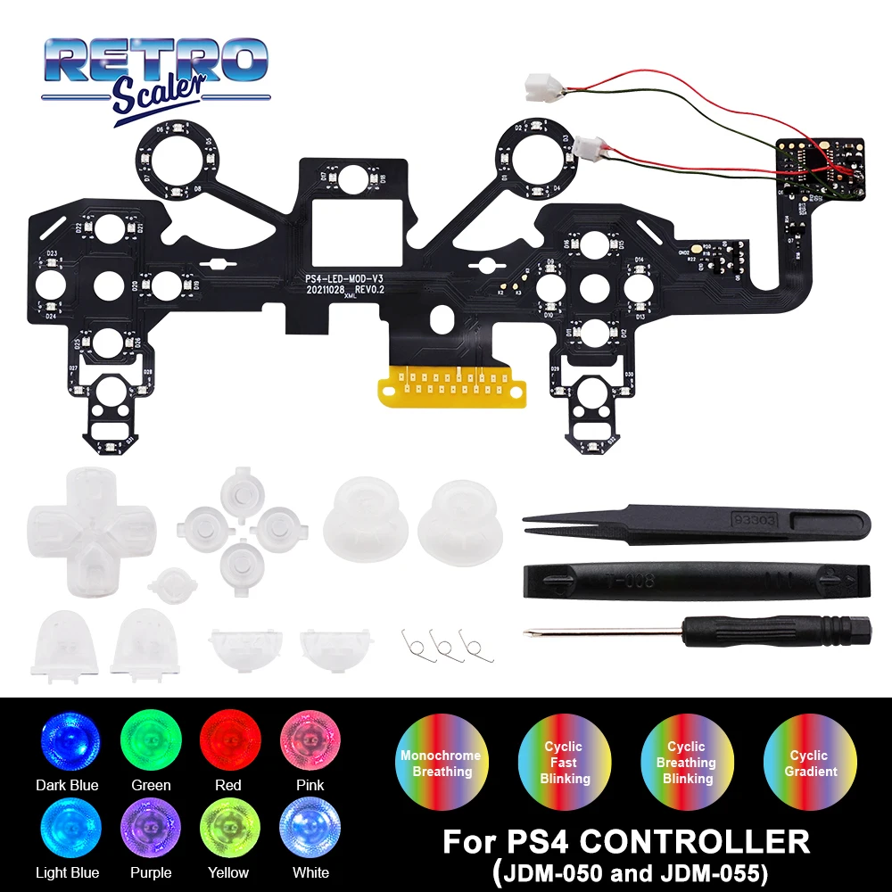 RetroScaler-Placa de luz LED de ocho colores para mando de PS4 (JDM-050 y JDM-055), accesorios No necesarios para soldar, Joysticks