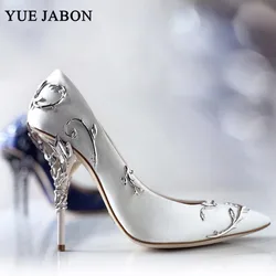 Sweet White Gold Blue sexy high-heels bridal wedding shoes banquet dress female Elegant Silk Women Pumps Metal Heel Party Shoe