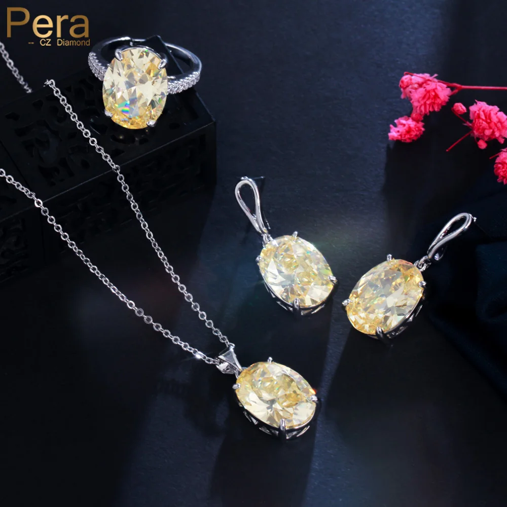 Pera Magnificent Yellow CZ Crystal Oval Shape Pendant Necklace and Earrings Ring Sets for Women Dress Prom Jewelry Gift J224