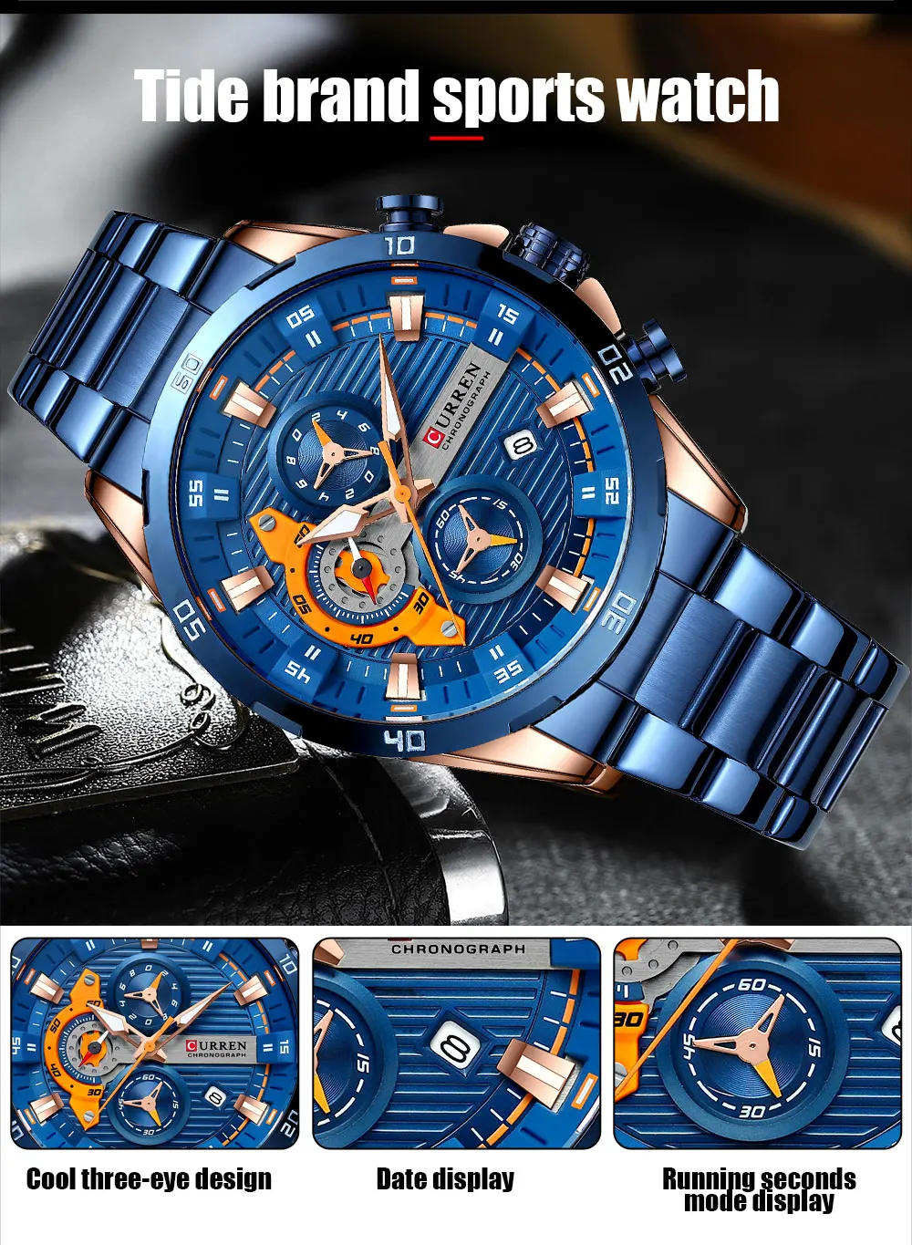 CURREN Männer Uhr Top Marke Luxus Sport Quarz Herren Uhren Voller Stahl Wasserdicht Chronograph Armbanduhr Männer Relogio Masculino – Detail 6