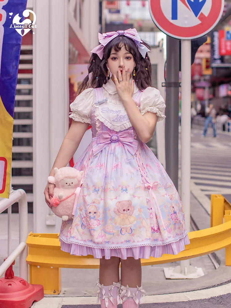 Sweet Lolita ĐẦM Vintage Falbala Nơ Dễ Thương In Cao Cấp Công Chúa Victoria Đầm Kawaii Cô Gái Gothic Lolita Jsk Loli