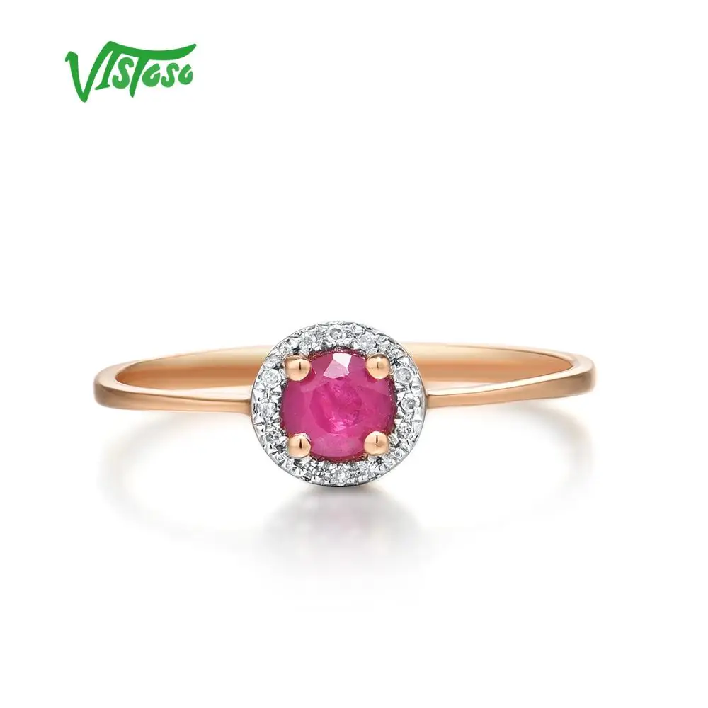 VISTOSO czysta 14K 585 róża/żółte złote pierścionki dla kobiet musujące okrągły diament 4mm Ruby/Emerald luksusowe obrączka Fine Jewelry