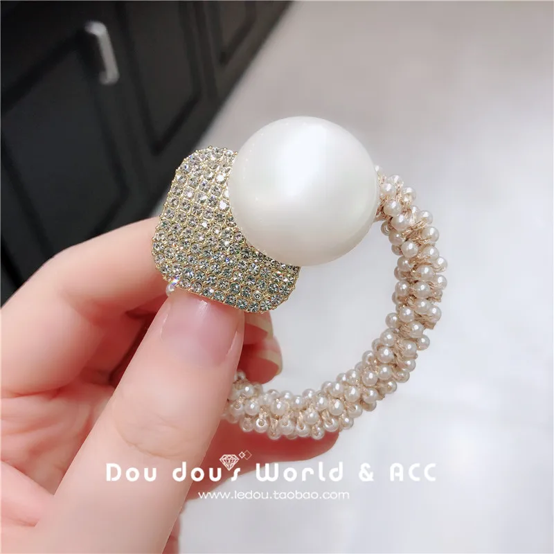 Net Red INS Rhinestone Pearl Hair Ring Head Rope Female Hair Rubber Band High Sense Hair Rope Leather Cover Headdress