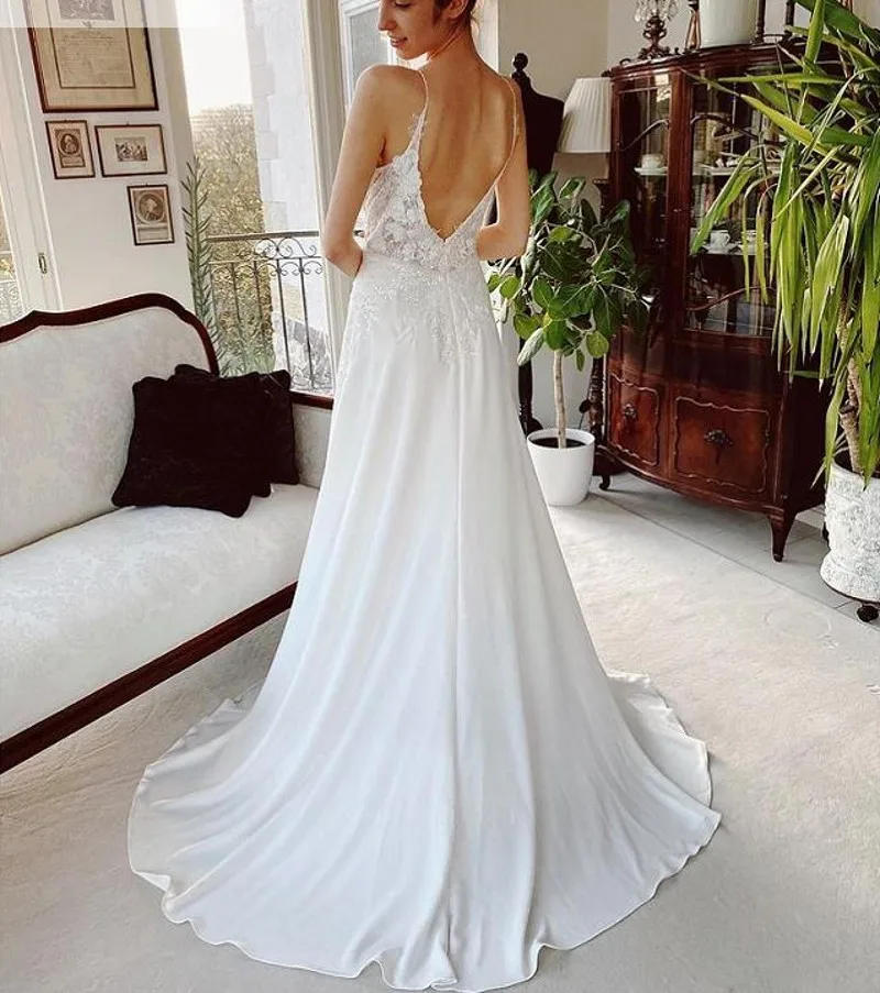 Princess Boho Beach Wedding Dresses 2024 Lace Chiffon Spaghetti Straps V-Neck Bride Party Gowns New Vestidos Mariage