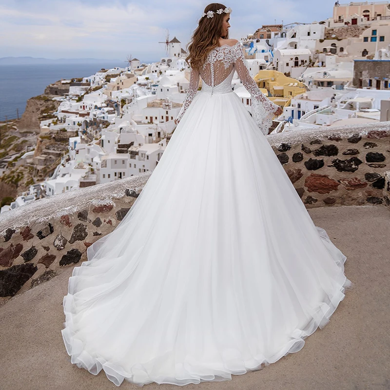 Precioso vestido De Novia De princesa acampanado, manga larga, hombros descubiertos, cuello De barco, Apliques De encaje, botón, vestido De Novia