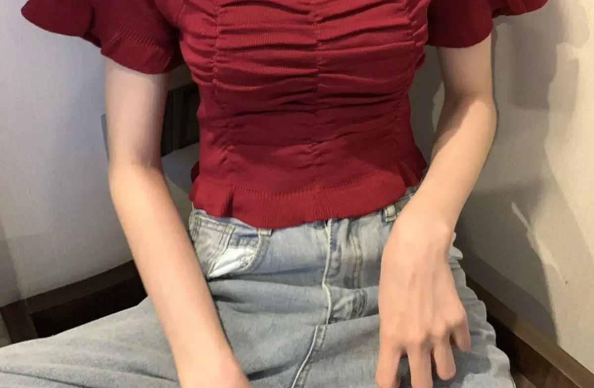 Gestrickte Modische Bluse Damen Rüschen Jugendlich Elegant Sommer Crop Top Sexy Figurbetonte Bluse Kurzarm – Detail 15