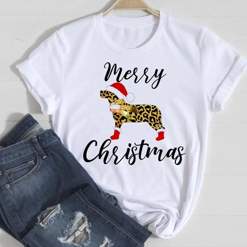 Clothes Women Merry Christmas Dog Funny Pet 2022 T-shirts Cartoon Fashion Top Graphic New Year Tshirt Holiday Female Tee