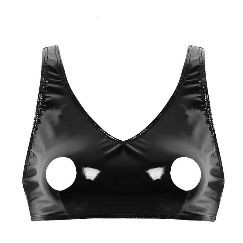 Camisola Sexy de cuero Wetlook para mujer, sujetador de látex brillante con tirantes finos, Crop Tops sin mangas de cuero brillante