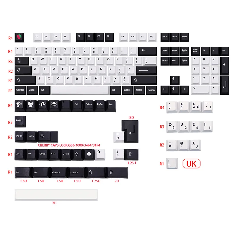 GMK Cherry V2 Keycaps PBT Cherry Profile 135 Keys Dye Sub Black And White  For Mechanical Keyboard UK/IT/DE/US/FR/ES Layout