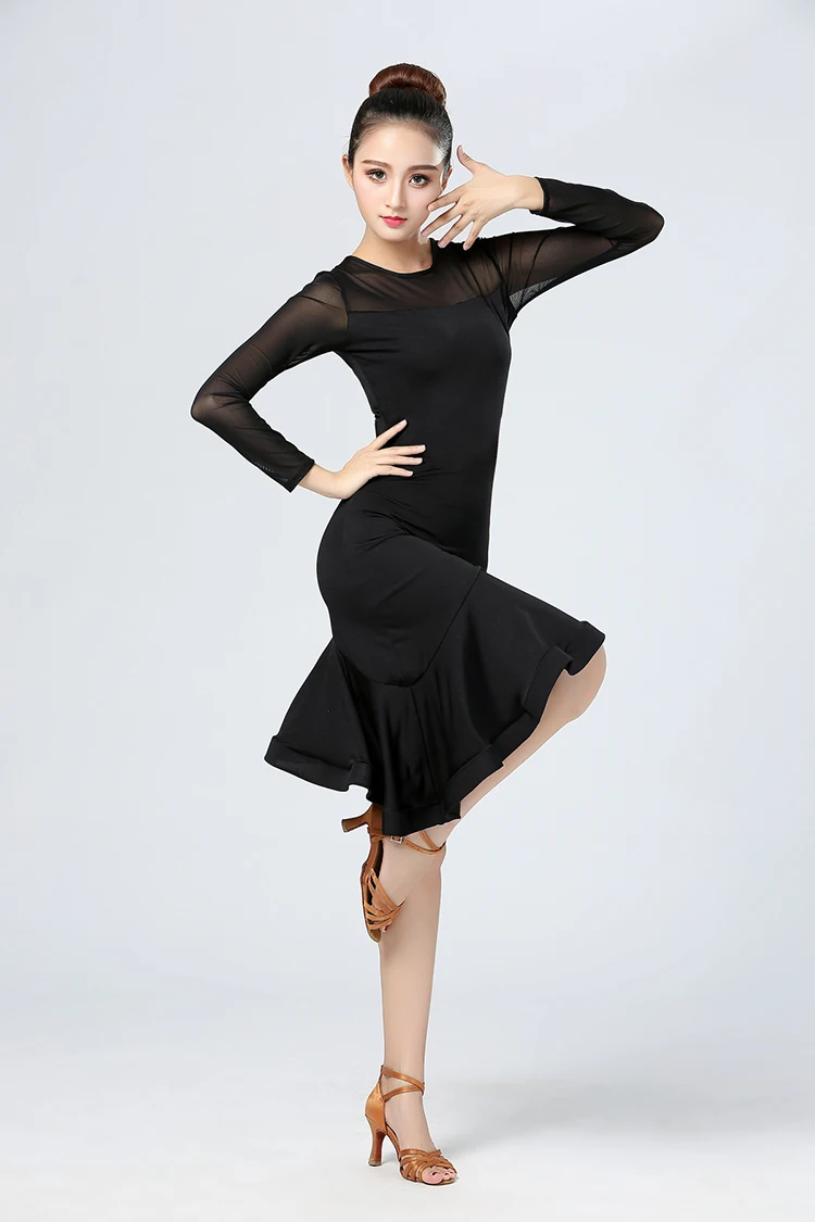 Women Long-sleeved Latin Dress Adult Black Velvet Latin Dancing Ballroom Tango Modern Rumba Cha Cha Salsa Woman Dance Costume