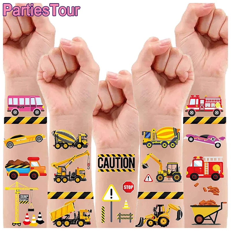 Construction Temporary Tattoos Kids Waterproof Fake Tattoos Sticker Tractor Dump Truck Cone Fake Tattoos for Construction Party