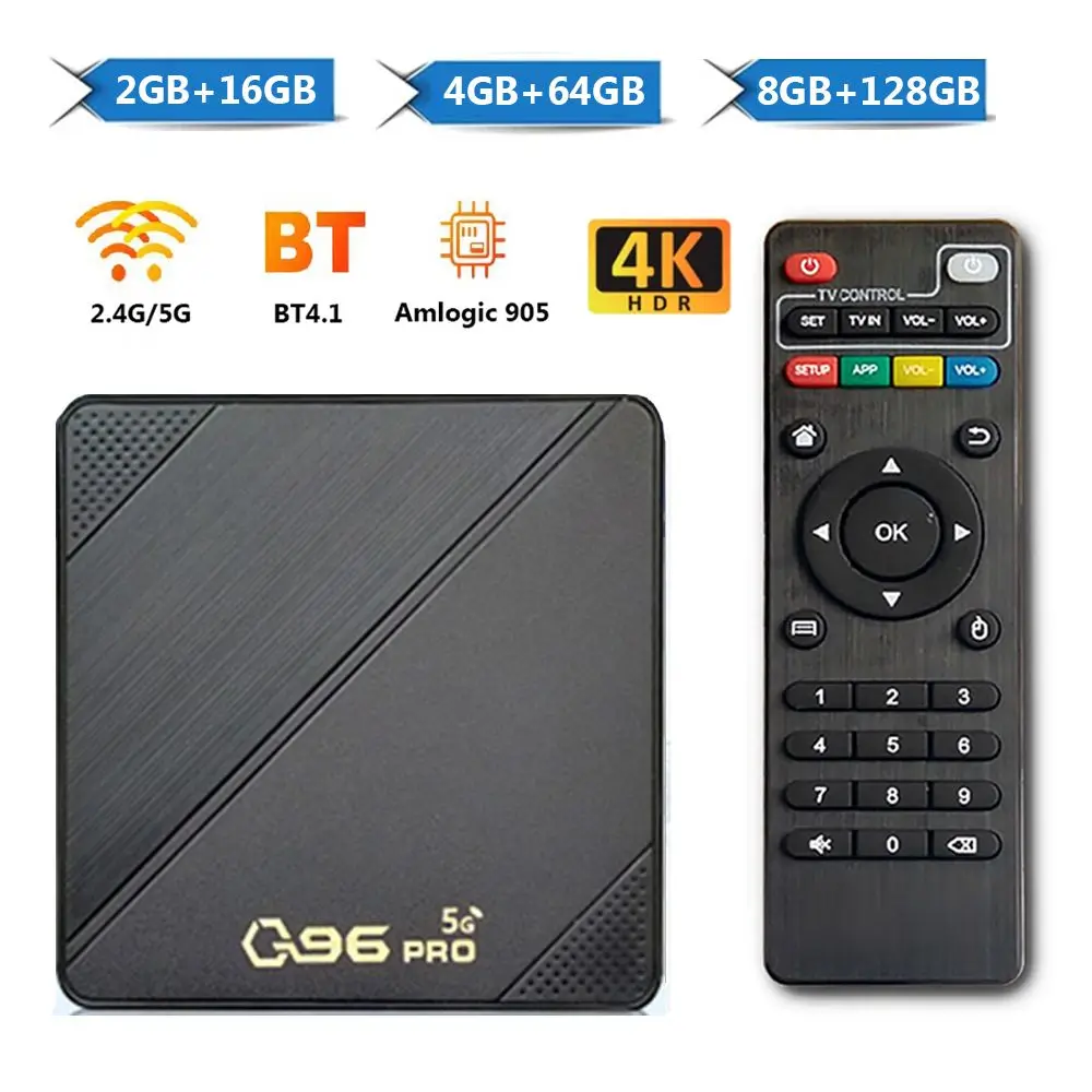 Q96PRO Smart TV Box Android 10.0 Amlogic S905L Quad Core 2.4G/5G Dual WIFI Bluetooth 4K Set Top Box 8GB+128GB Media Player H.265