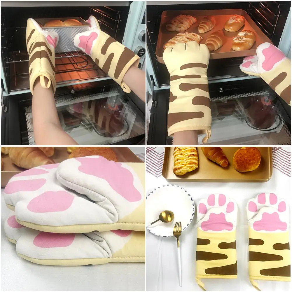 1pcs 3D Cartoon Cat Paws Oven Mitts Long Cotton Baking Insulation Gloves Microwave Heat Resistant Non-slip Kitchen Gloves Tool