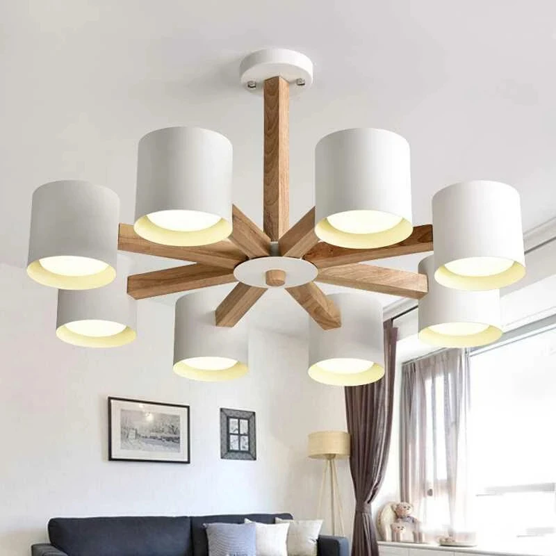 

Wood Chandelier Lights Living Room Bedroom White Lampshade Wooden Hanglamp Art Decor Luminaire Lighting