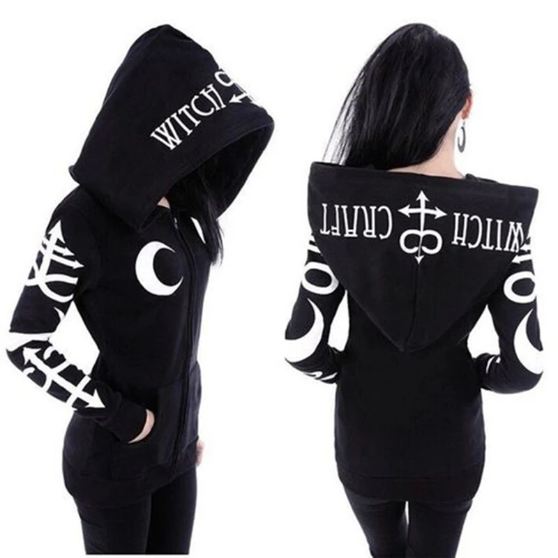 Women Hoodies Halloween Punk Moon Letters Skull Print Sweatshirts Spring Autumn Long Sleeve Black Jacket Zipper Hip Hop Coat