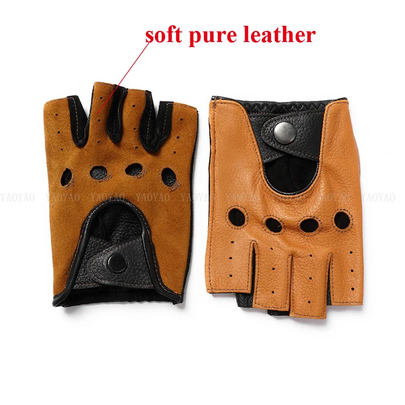 2022 NEW ARRIVAL Men Genuine Leather Semi-Finger Thin Glove Male Color Matching Locomotive Car Driving Mitten Brown Luvas