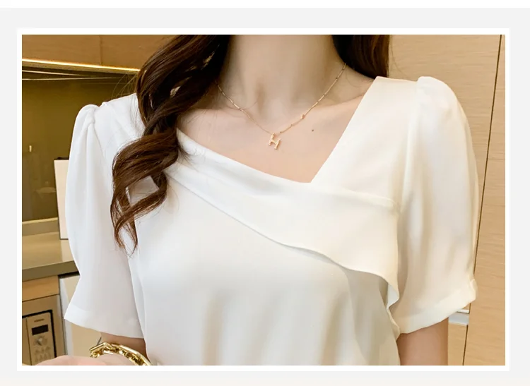 Blusas Blouses Femme Top Short Sleeve Blouse Women Blusas Mujer De Moda 2024 Ruffles V-Neck Chiffon Blouse Shirt Tops Women E882