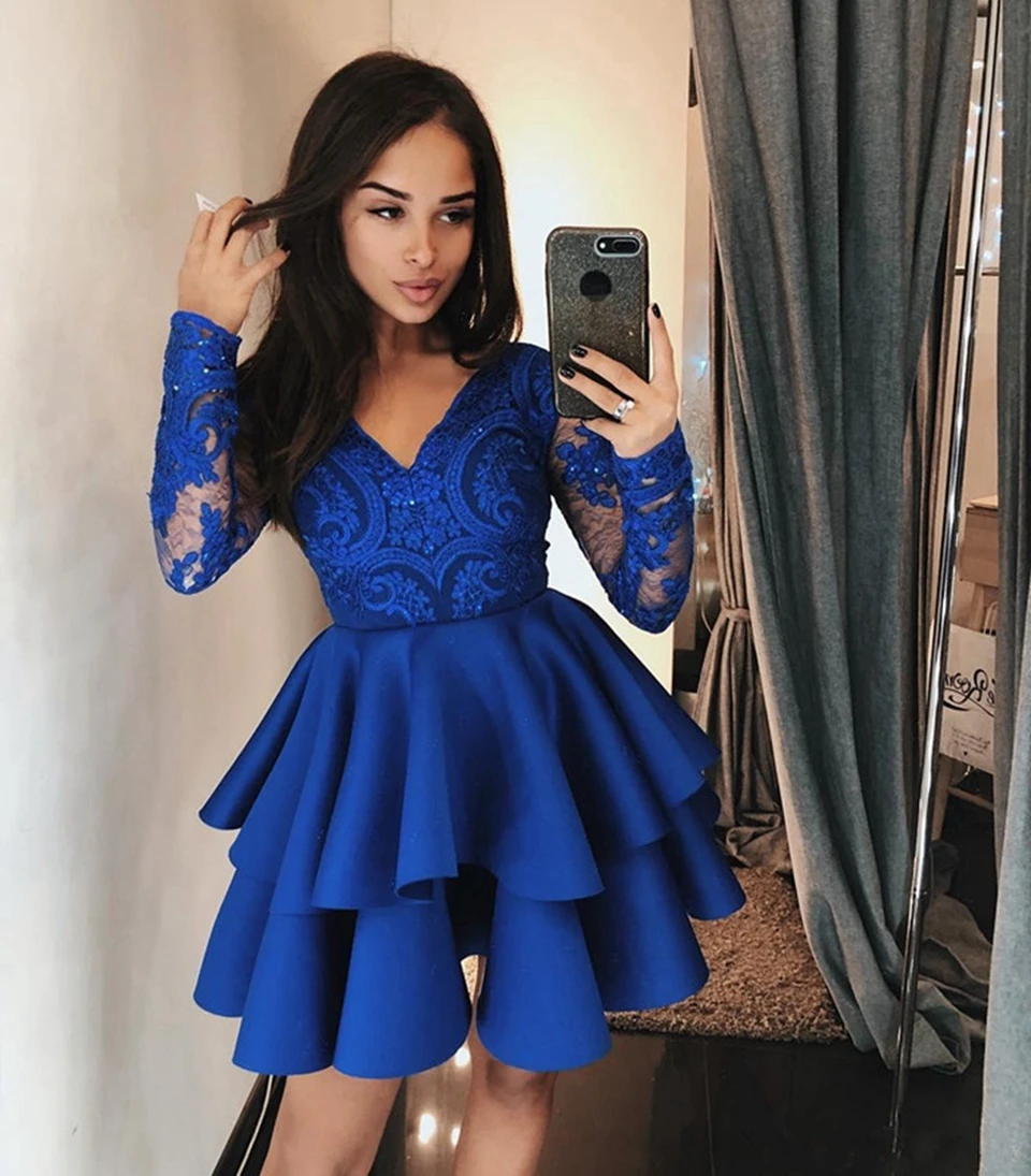 Cocktail Dresses 2020 Formal Party Short Prom Dresses Royal Blue Homecoming Vestidos De Gala Women Long Sleeves Graduation Gowns