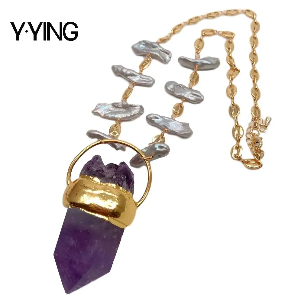 

Y·YING 18" natural Freshwater Grey Biwa Pearl Chain Necklace Amethysts point Raw Pendant necklace punk style for women