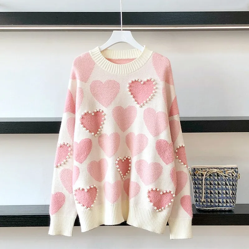 ZAWFL 2021 Autumn Women Pullover Beaded Love Heart Jacquard Knitted Jumper Casual Pull Femme Sweater