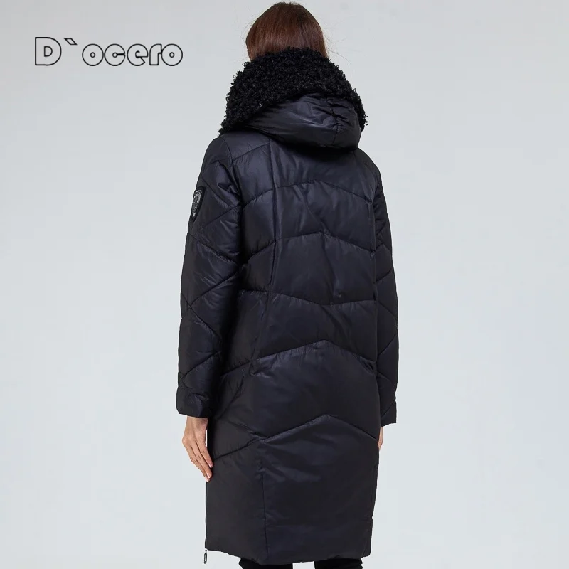 D`OCERO 2022 Winter Down Jacket Women Faux Fur Teddy Long Warm Windproof Quilted Coat Large Size Femme Outerwear Hooded Parka