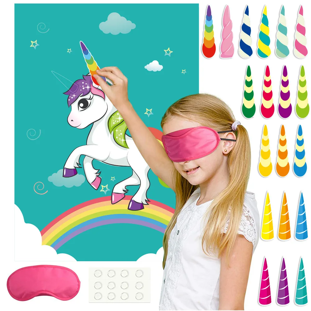 

Pin The Horn on The Unicorn Poster Sticker Game Shark Dinosaur Mermaid Kids Birthday Party Supplies Decorations Girls Boys Gift