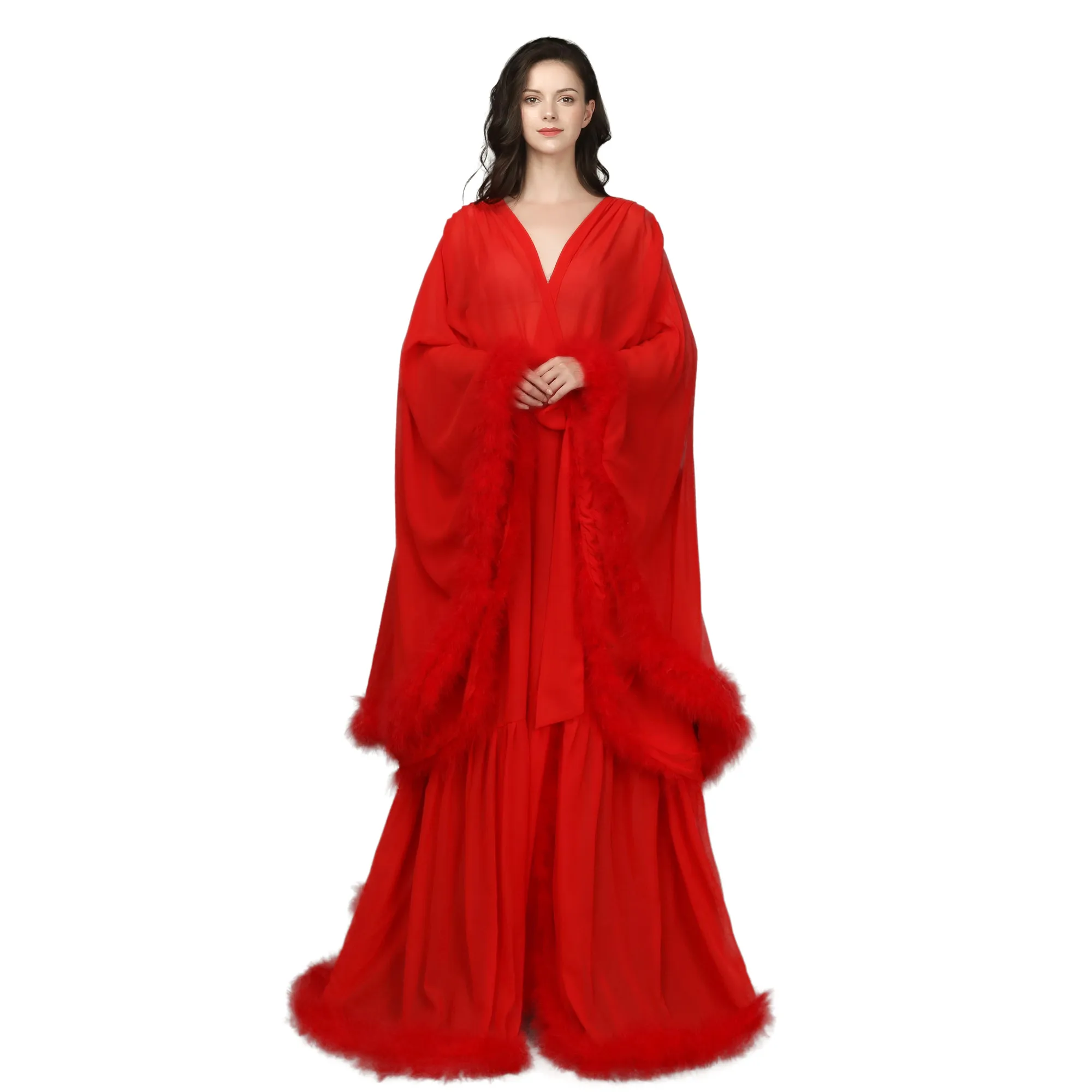 Feather Wedding Shawls Photo Robe With Belt Big Cuffs Night Gown For Women Long Sleeve Custom Made Woman Baby Shower Pajamas