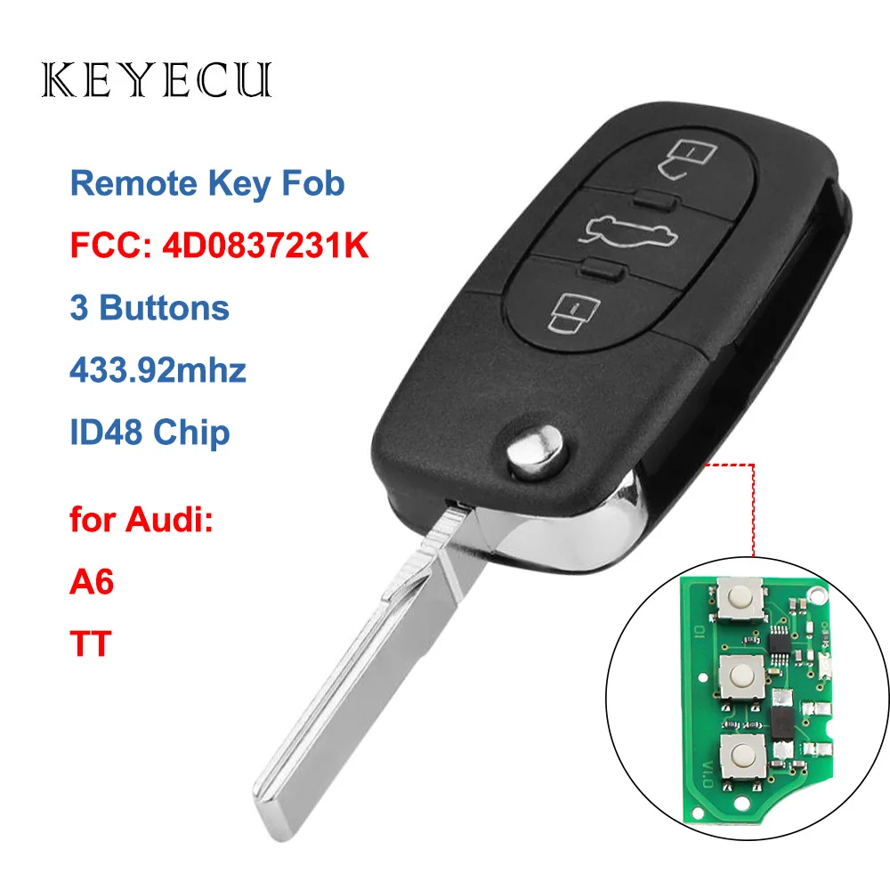 Keyecu Remote Car Key Fob 433MHz for Audi A6 1998 1999 2000 2001 2002 2003 2004 TT 2002-2006,4D0 837 231 K, 4D0837231K