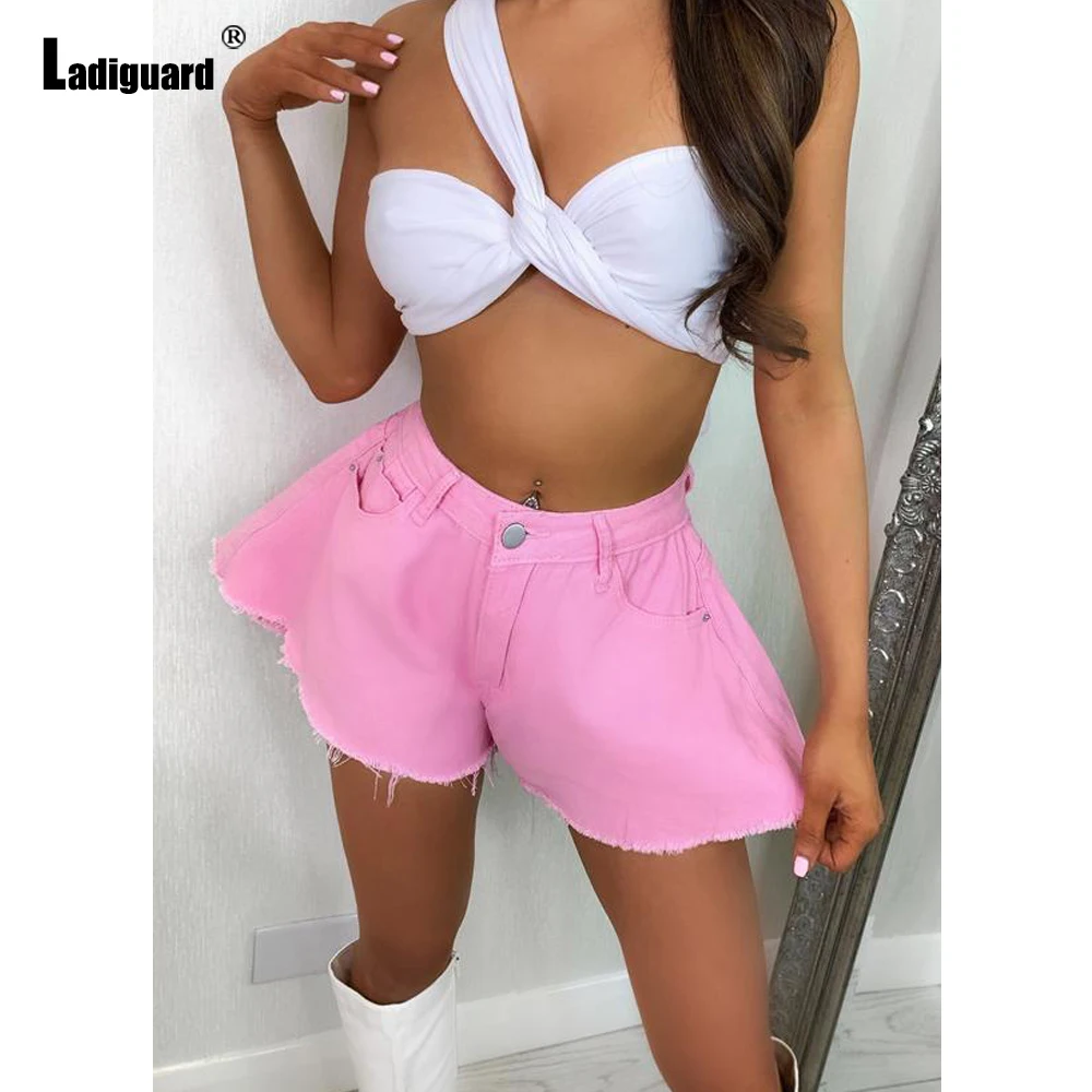 Ladiguard 2022 Sexy denim shorts High Cut Women Fashion Wide Leg Short Jeans Zipper Pocket Trouser Loose Vintage Ripped hotpants