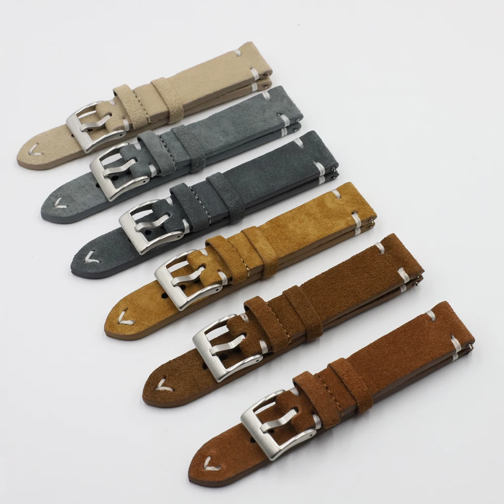 

Vintage Suede Leather Watch Strap 18mm 20mm 22mm 24mm Grey Band Replacement Wristband Handmade Stitching Watchband