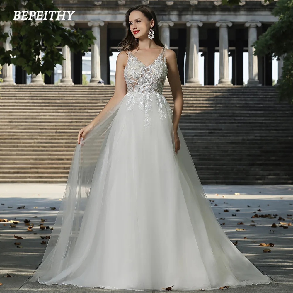 BEPEITHY Customized Ivory Beach Wedding Dresses 2023 Spring A Line V Neck Lace Sheer Top Sexy Boho Bridal Gown Vestidos De Novia