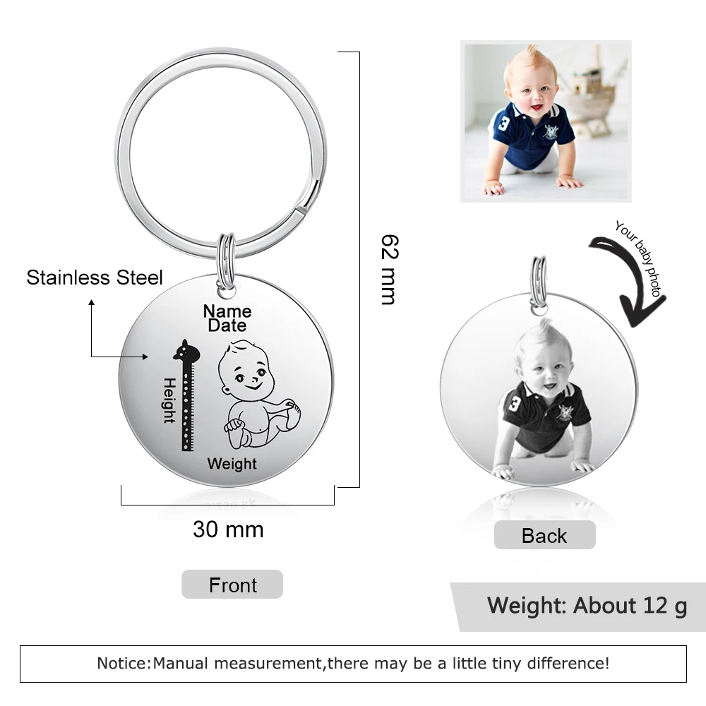 JewelOra Personalized Keychain Fashion Stainless Steel Jewelry Customized Baby Photo Mother Gift Engrave Height&Weight for Women