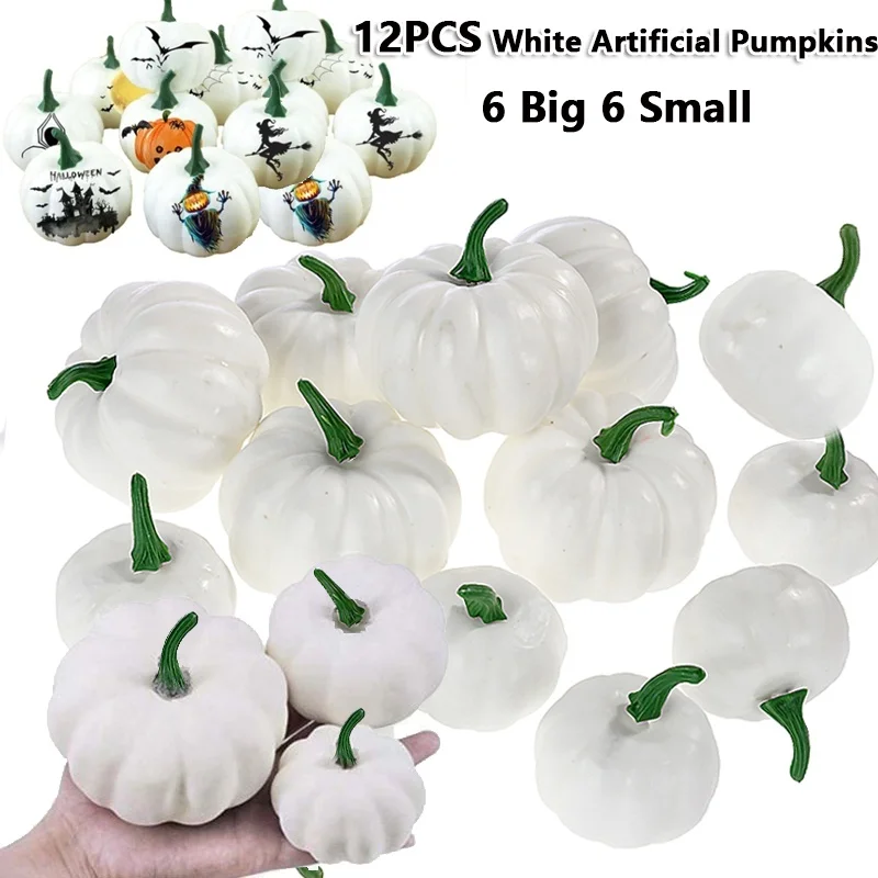 12Pcs 6 Big 6 Small Halloween Artificial White Pumpkins DIY Pumpkins Paint for Halloween Decor Painting Props