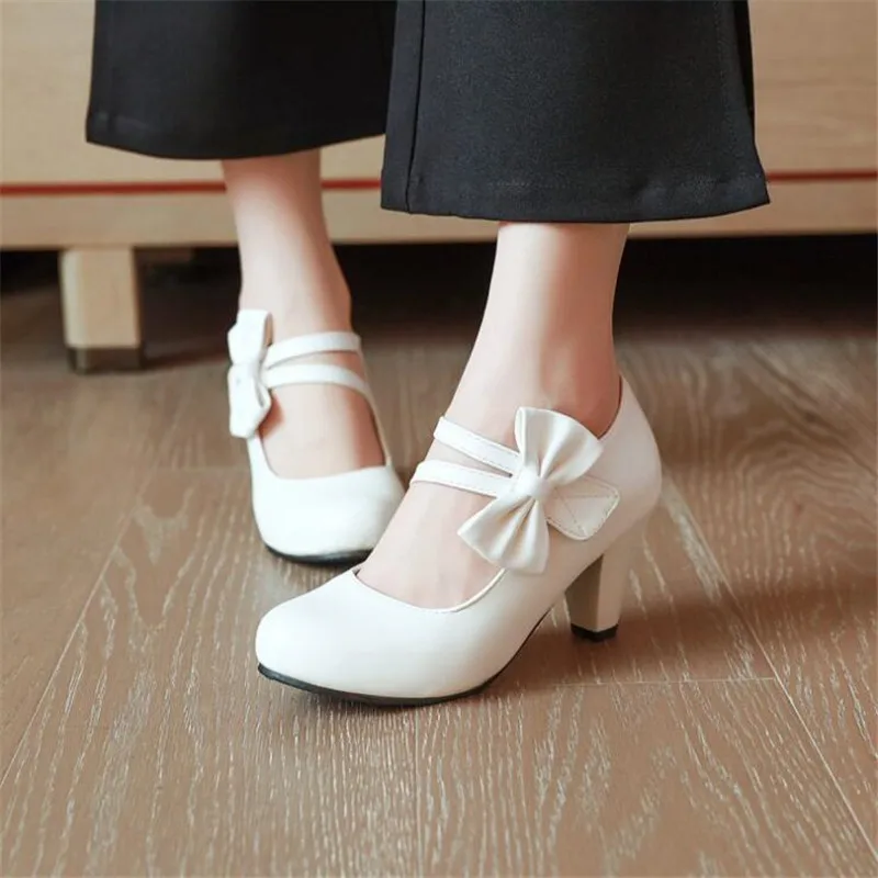 Girls\' Shoes Lolita Shoes Mary Jane Pumps For Women High Heels White Pink Bow-knot Block Heels Shoes Wedding Bride Pumps34-43