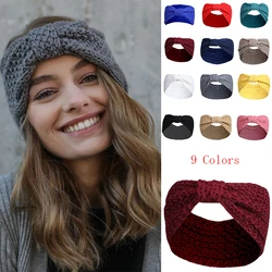 Drobne zimowe wełniane dzianiny opaski na głowę z kokardką dla kobiet dziewczyna szeroki krzyżowy węzeł Hairband ciepłe bandany Turban Ladies Vintage akcesoria do włosów