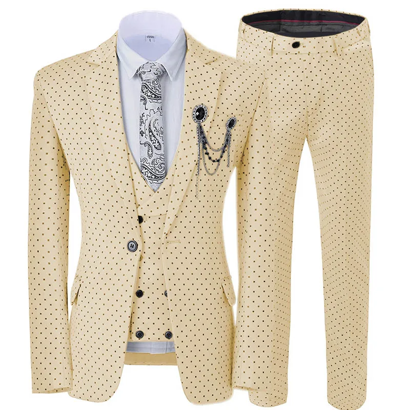 

Three Pieces Men's Wedding Suit Three Pieces Dots Printed Notch Lapel Tuxedos Tailcoat Best Men Double Breasted Vest