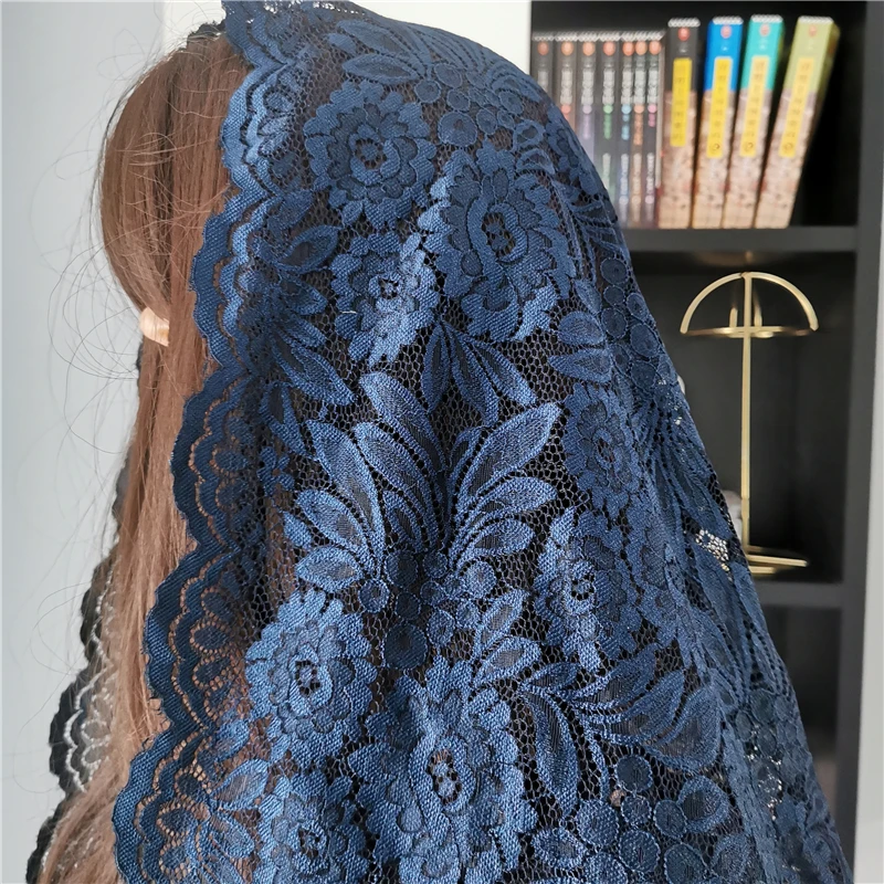 D Vorm Vrouwen Mantilla Katholieke Veils Lace Navy Gold Appiques Hoofd Die Voor Kerk Latin Massa Traditionele Hoofd Sjaal Kleine