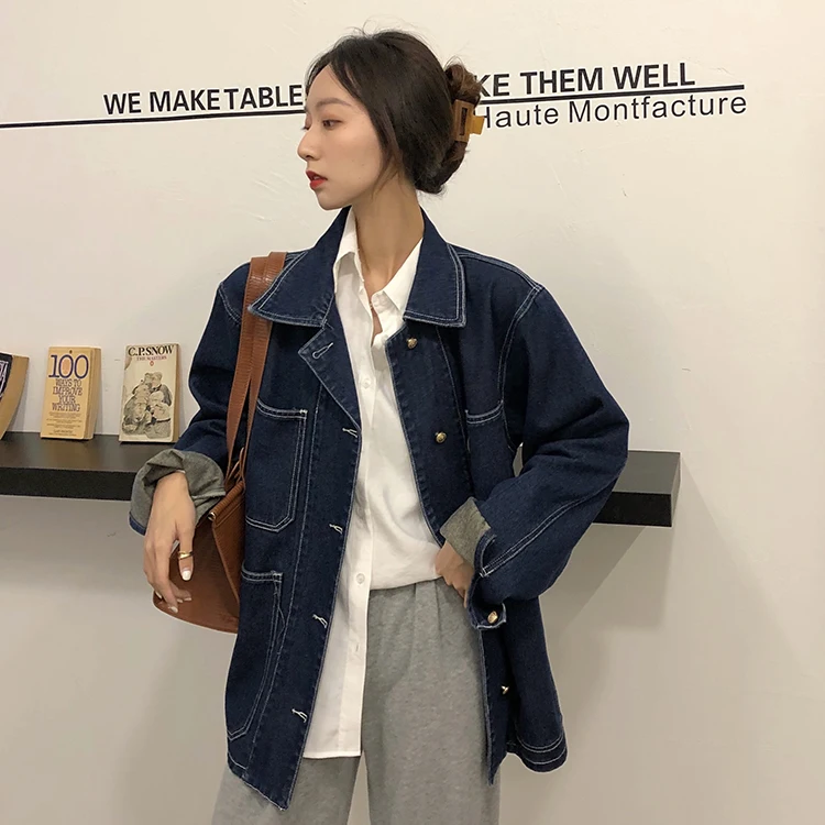 Women\'s casual Jean Coats 2021 autumn Women loose Vintage Blue Denim Jacket Long Sleeve Loose Female Girls Outwear coats (78518)