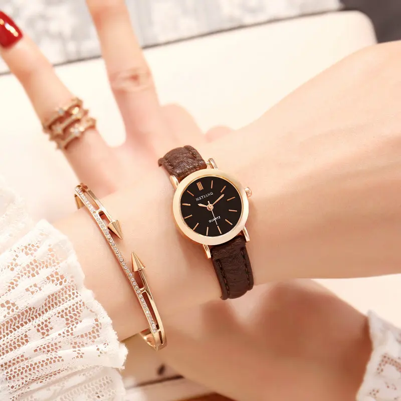 Montres-bracelets en or rose pour femmes, petit bracelet en cuir, montre-bracelet pour filles, cadeau pour dames, nouvelle horloge