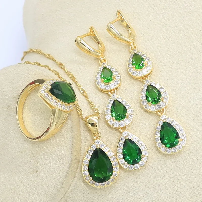 Water Drop Green Stones Gold Color Jewelry Set for Women with Bracelet Long Earrings Necklace Pendant Ring Birthday Gift