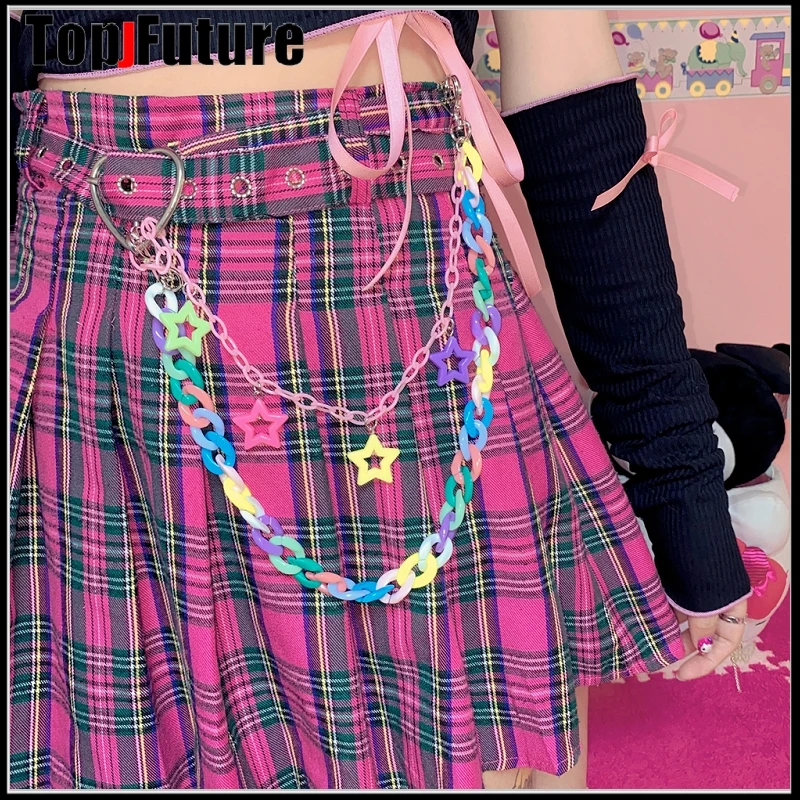 Lot's style Rainbow Candy Color strawberry cute Star keychain Plastic Acrylic Resin Chain Punk Hip-Hop Lanyard pants Waist Chain