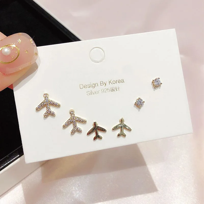 ANENJERY Fashion Airplane Stud Earrings Set Fashion Shiny Micro Inlaid Cubic Zircon Geometric Earrings 6-piece Set S-E1149