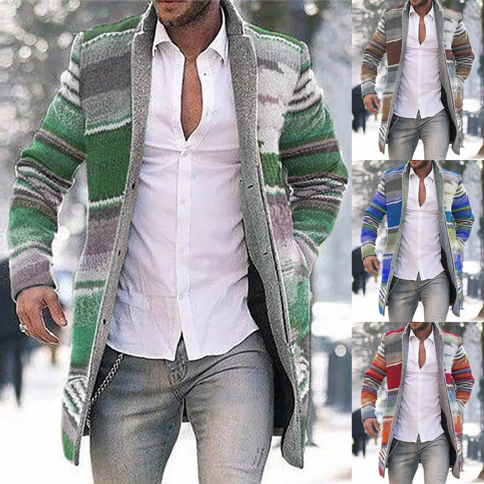 

Men's Mid-length Windbreaker Jacket 2021 Autumn Winter New Printed Long-Sleeved Coats Casual Male Cardigan Sweater Dropshipping