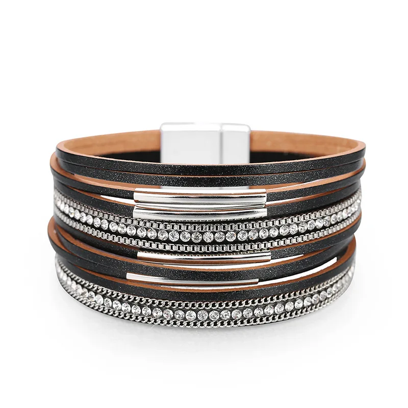 Amorcome Multilayer Leather Wrap Bracelet Handmade Braided Chain Metal Bar Cuff Bangle Magnet Buckle Bracelets for Women Girls