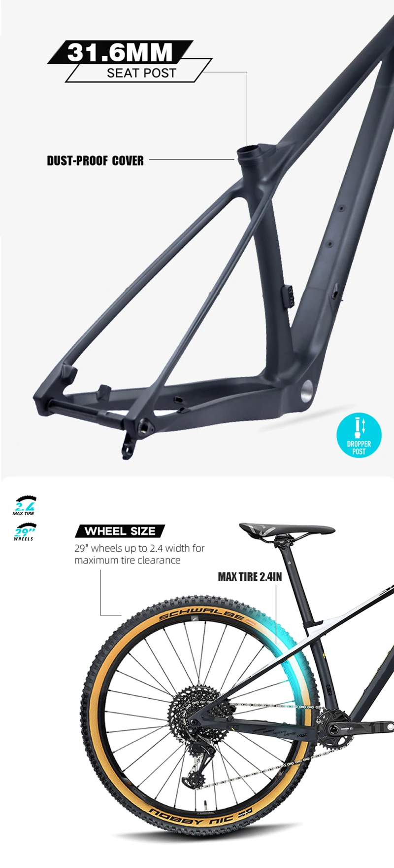 Full Carbon Frame 29er Hardtail MTB Frame T800 UD Black Carbon Mountain Bike Frame 148*12mm Bicycle Frameset