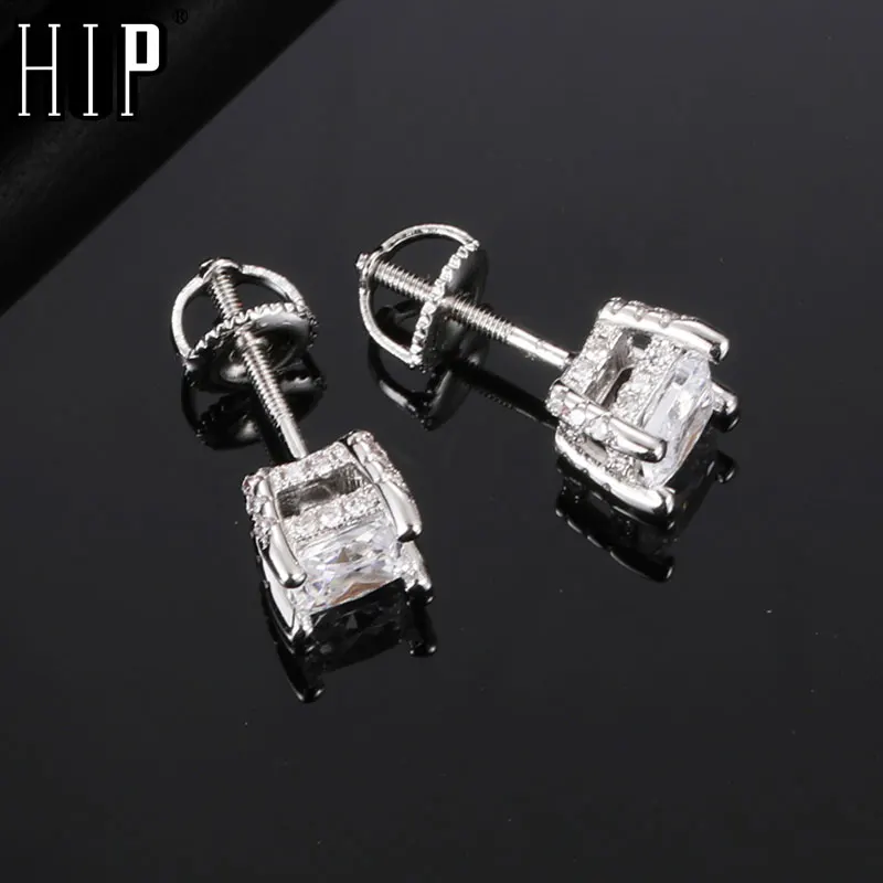 Hip Hip Micro 1Pair Pave Rhinestone CZ Stone Ice Out Stud Earring Bling Copper Earrings For Women Men Jewelry