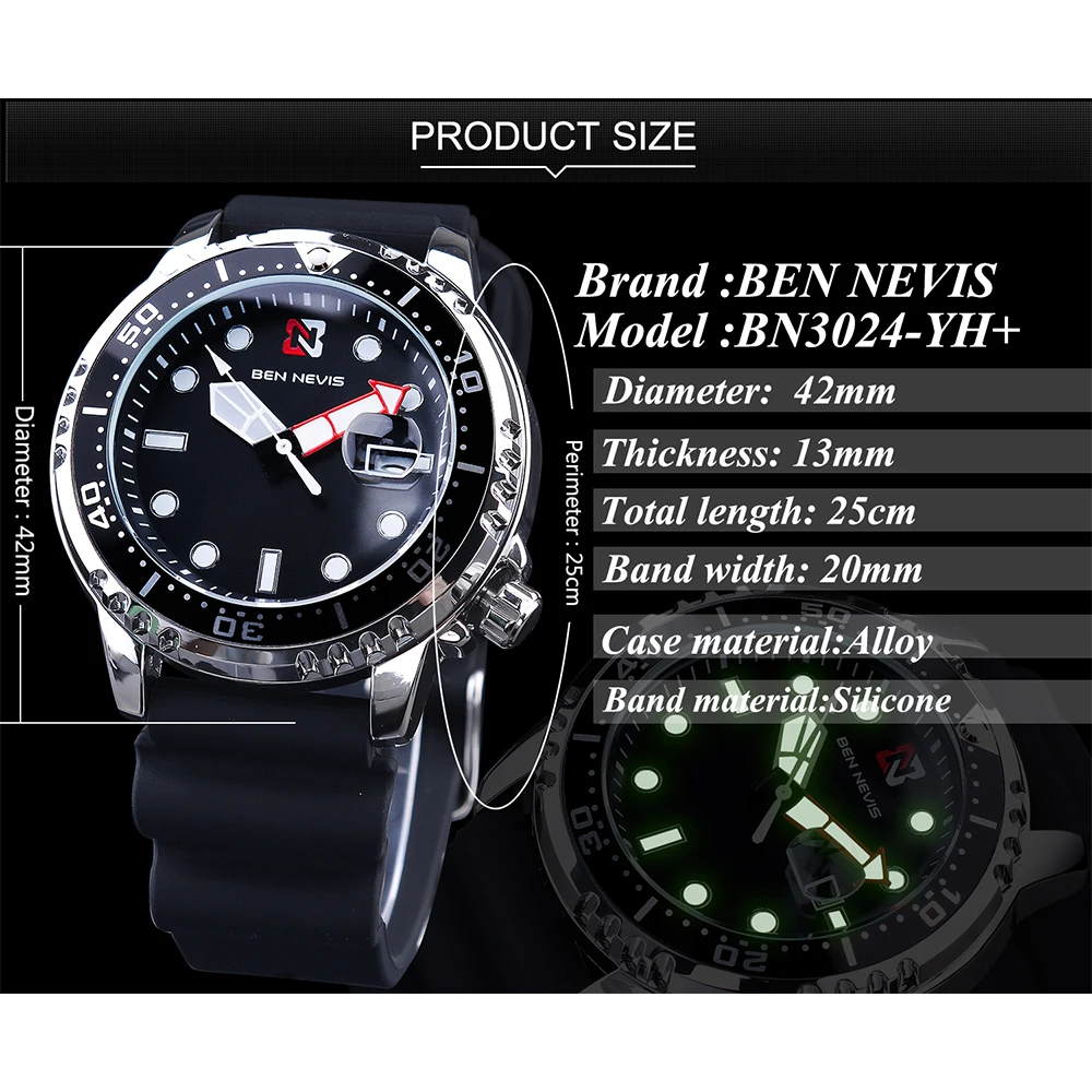 Men Sport Watch with Rubber Strap BEN NEVIS Black Waterproof Quartz Watches Male with Gift Box Luminous Hands Relógio Masculino